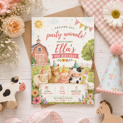 Editable Farm Animals Birthday Invitation Canva Template, Pink Green Kids Farm Cute Modern Fun DIY Party Invite, Printable Digital Download.