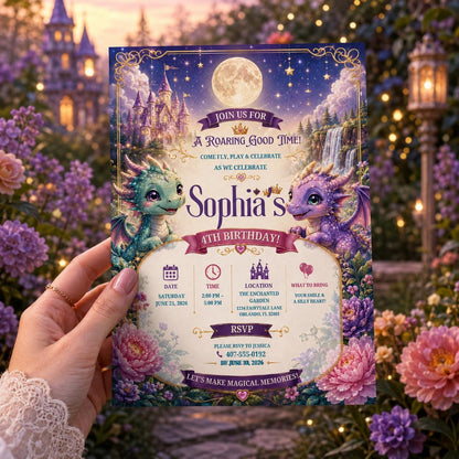 Editable Dragon Birthday Invitation Canva Template, Kids Cute Modern Fun DIY Sweet Chic Teen Tween Party Invite, Printable Digital Download.