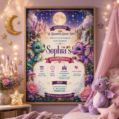 Editable Dragon Birthday Invitation Canva Template, Kids Cute Modern Fun DIY Sweet Chic Teen Tween Party Invite, Printable Digital Download.