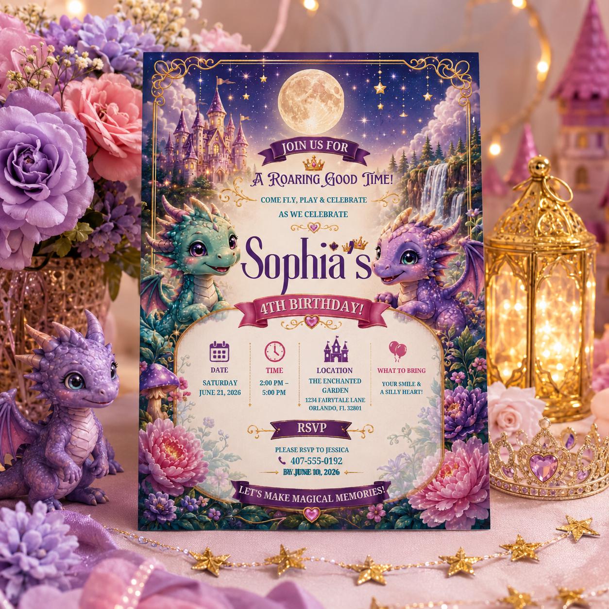 Editable Dragon Birthday Invitation Canva Template, Kids Cute Modern Fun DIY Sweet Chic Teen Tween Party Invite, Printable Digital Download.