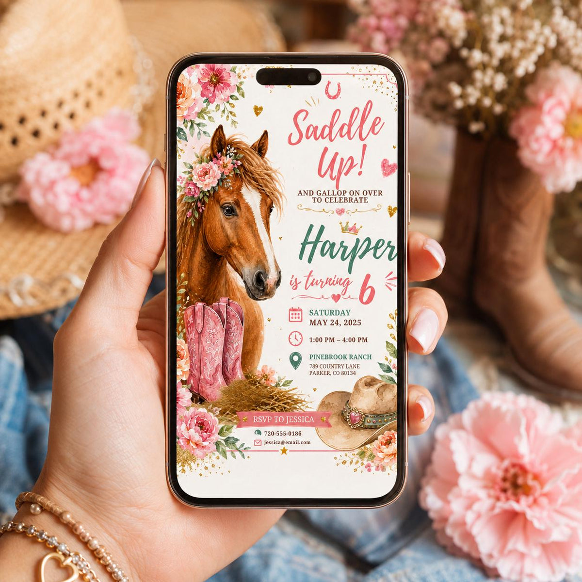 Editable Western Cowgirl Birthday Invitation Canva Template, Pink Pastel Floral Girls Kids Fun DIY Party Invite, Printable Digital Download.
