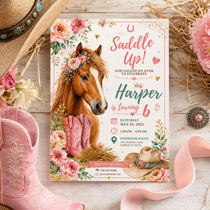 Editable Western Cowgirl Birthday Invitation Canva Template, Pink Pastel Floral Girls Kids Fun DIY Party Invite, Printable Digital Download.