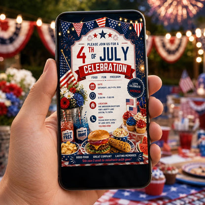 Editable 4th of July Celebration Birthday Invitation Canva Template, Kids Cute Modern Fun DIY Chic Party Invite, Printable Digital Download.
