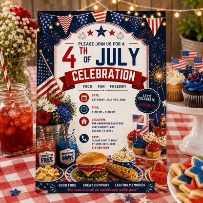 Editable 4th of July Celebration Birthday Invitation Canva Template, Kids Cute Modern Fun DIY Chic Party Invite, Printable Digital Download.