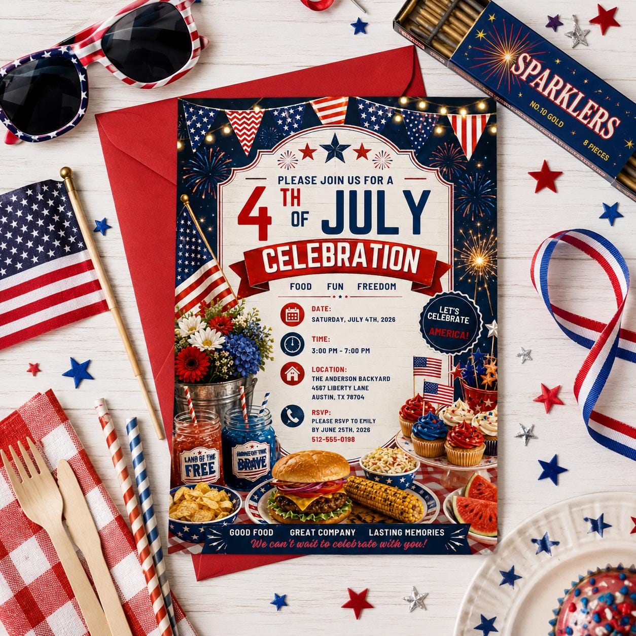 Editable 4th of July Celebration Birthday Invitation Canva Template, Kids Cute Modern Fun DIY Chic Party Invite, Printable Digital Download.