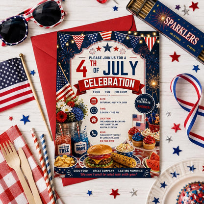 Editable 4th of July Celebration Birthday Invitation Canva Template, Kids Cute Modern Fun DIY Chic Party Invite, Printable Digital Download.