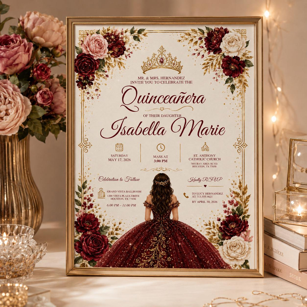 Editable Mis Red Quinceanera Invitation Canva Template, Pink Gold Black Blush Elegant Cute Fun DIY Party Invite, Printable Digital Download.