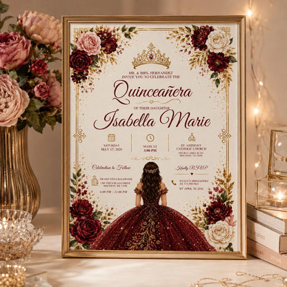 Editable Mis Red Quinceanera Invitation Canva Template, Pink Gold Black Blush Elegant Cute Fun DIY Party Invite, Printable Digital Download.