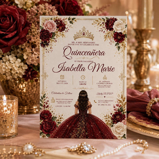 Editable Mis Red Quinceanera Invitation Canva Template, Pink Gold Black Blush Elegant Cute Fun DIY Party Invite, Printable Digital Download.