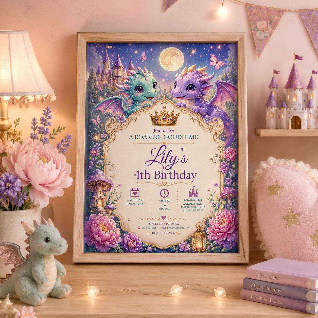 Editable Dragon Birthday Invitation Canva Template, Kids Cute Modern Fun DIY Sweet Chic Teen Tween Party Invite, Printable Digital Download.