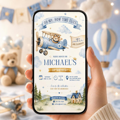 Editable Airplane 1st Birthday Invitation Canva Template, Red Boys Kids Cute Modern Fun Themed DIY Party Invite, Printable Digital Download.
