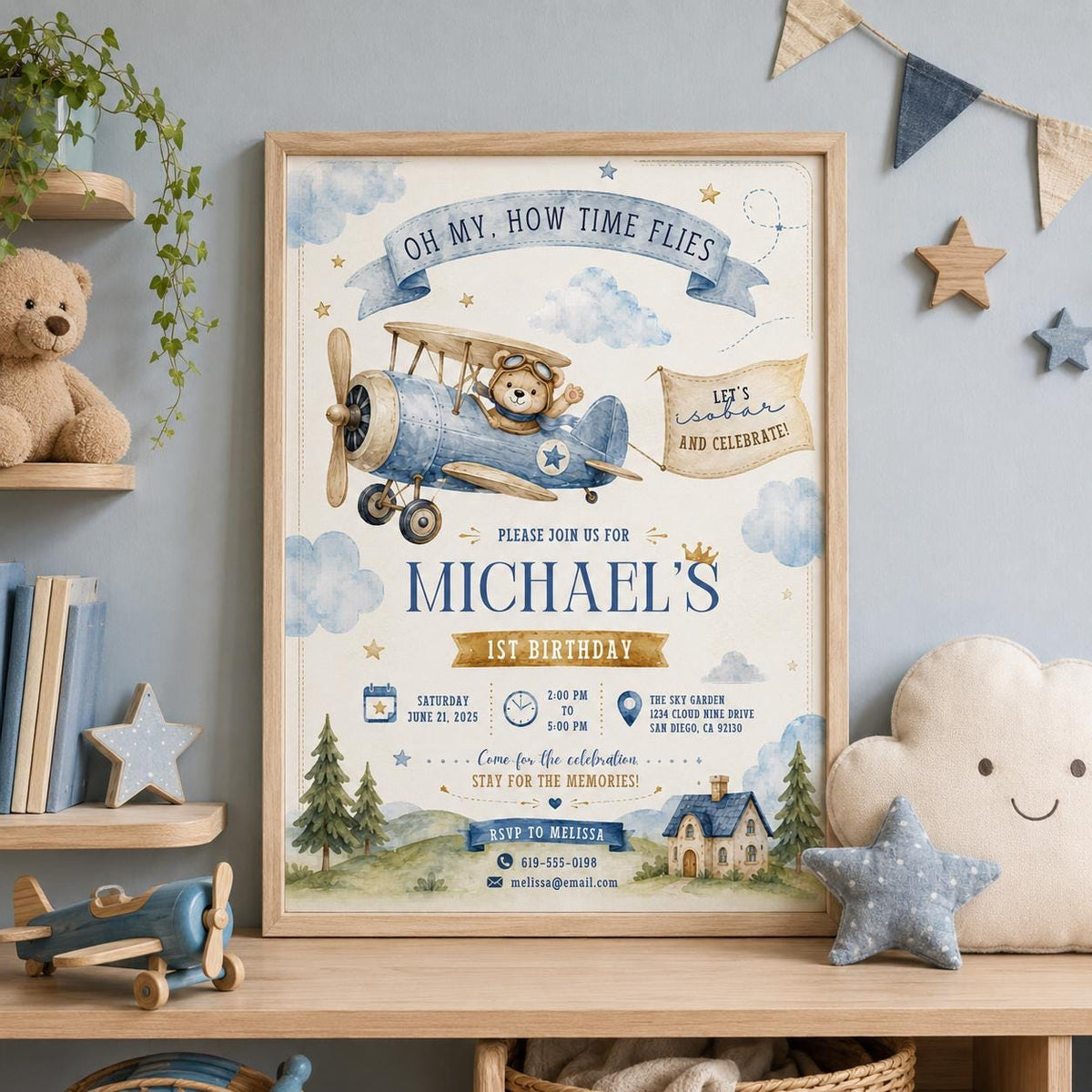 Editable Airplane 1st Birthday Invitation Canva Template, Red Boys Kids Cute Modern Fun Themed DIY Party Invite, Printable Digital Download.