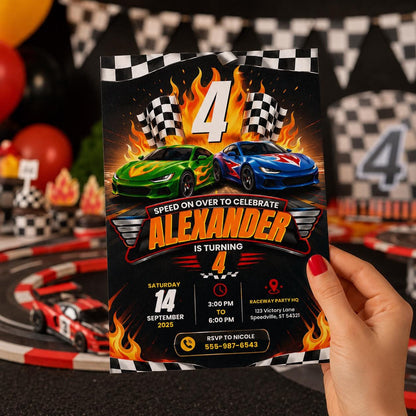 Editable Race Car Birthday Invitation Canva Template, Boys Cute Fun DIY Sweet Chic Kids Teen Tween Party Invite, Printable Digital Download.