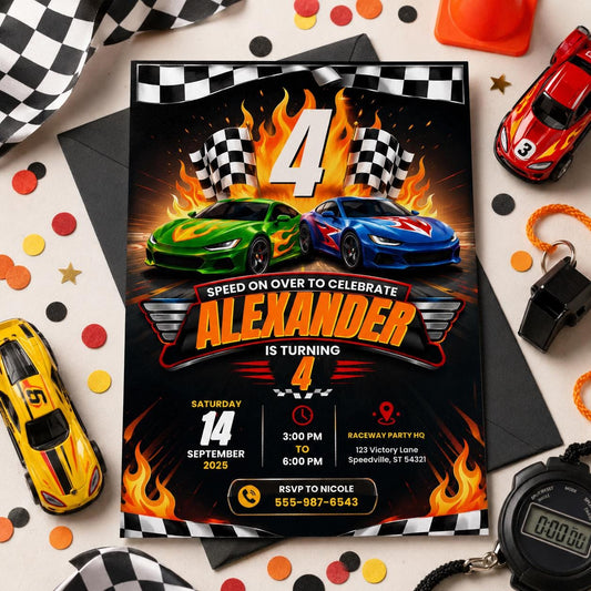 Editable Race Car Birthday Invitation Canva Template, Boys Cute Fun DIY Sweet Chic Kids Teen Tween Party Invite, Printable Digital Download.