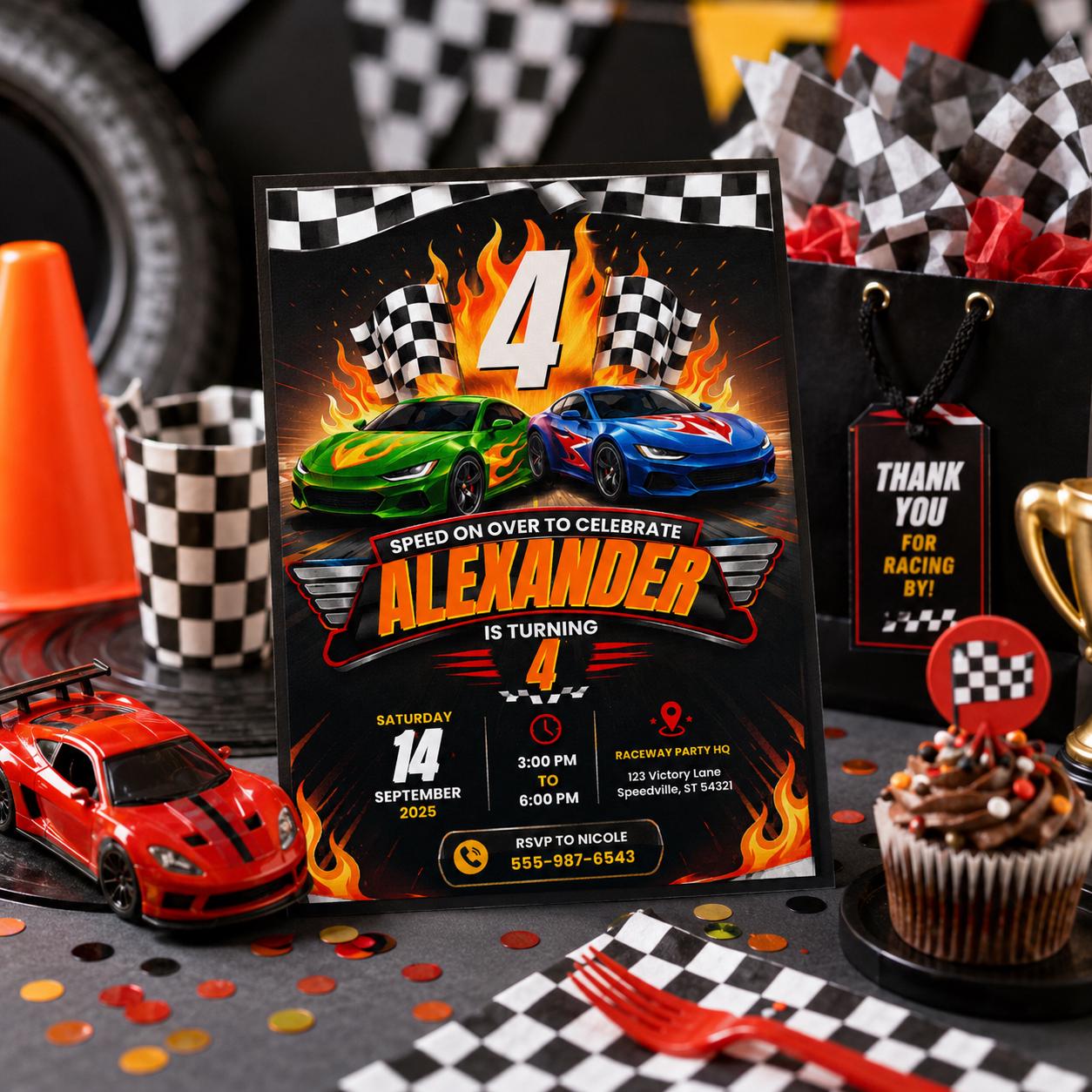 Editable Race Car Birthday Invitation Canva Template, Boys Cute Fun DIY Sweet Chic Kids Teen Tween Party Invite, Printable Digital Download.