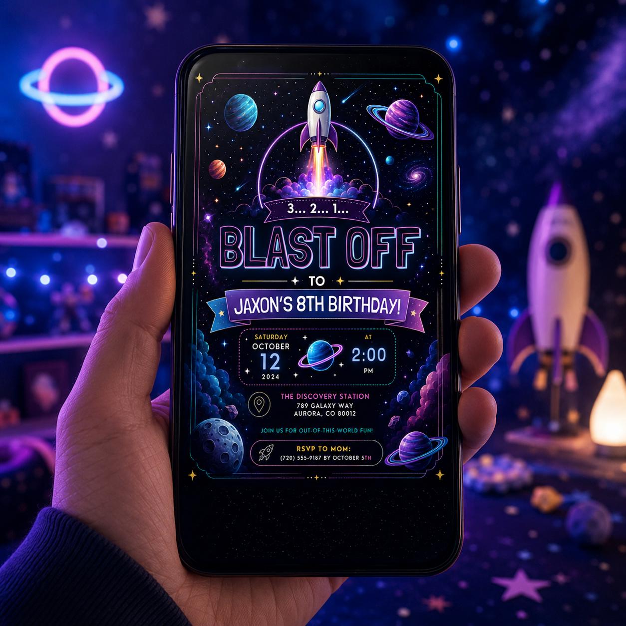 Editable Neon Glow Birthday Invitation Canva Template, Boys Neon Cute Fun DIY Sweet Chic Kids Teen Party Invite, Printable Digital Download.