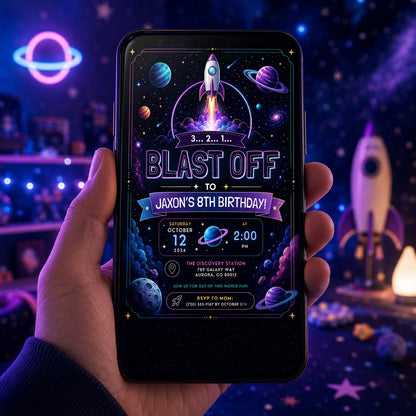 Editable Neon Glow Birthday Invitation Canva Template, Boys Neon Cute Fun DIY Sweet Chic Kids Teen Party Invite, Printable Digital Download.