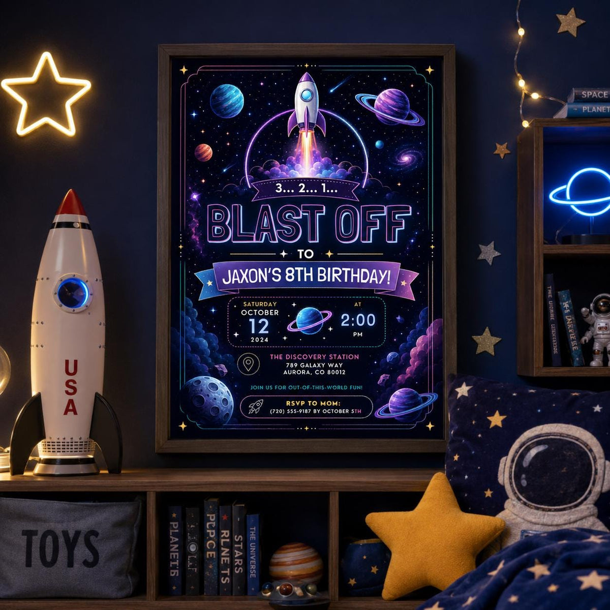 Editable Neon Glow Birthday Invitation Canva Template, Boys Neon Cute Fun DIY Sweet Chic Kids Teen Party Invite, Printable Digital Download.
