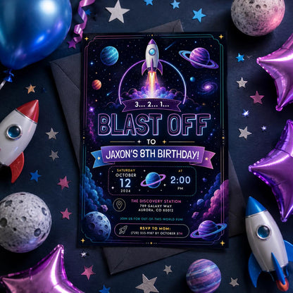 Editable Neon Glow Birthday Invitation Canva Template, Boys Neon Cute Fun DIY Sweet Chic Kids Teen Party Invite, Printable Digital Download.