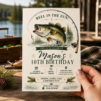 Editable Fishing Birthday Invitation Canva Template, Boys Kids Cute Modern Fun DIY Sweet Chic Teen Party Invite, Printable Digital Download.