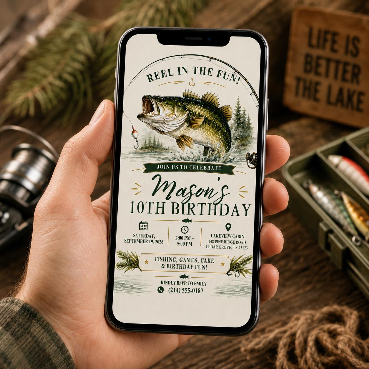 Editable Fishing Birthday Invitation Canva Template, Boys Kids Cute Modern Fun DIY Sweet Chic Teen Party Invite, Printable Digital Download.