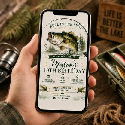 Editable Fishing Birthday Invitation Canva Template, Boys Kids Cute Modern Fun DIY Sweet Chic Teen Party Invite, Printable Digital Download.