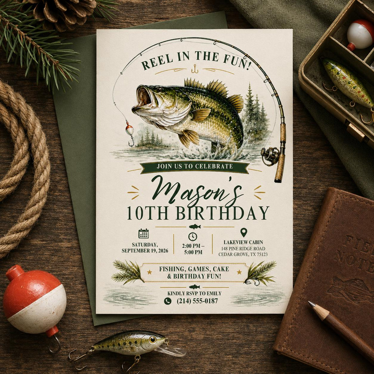 Editable Fishing Birthday Invitation Canva Template, Boys Kids Cute Modern Fun DIY Sweet Chic Teen Party Invite, Printable Digital Download.