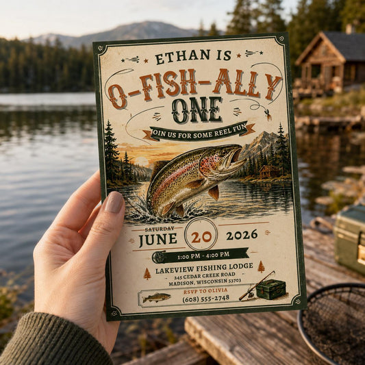 Editable Fishing First Birthday Invitation Canva Template, Ofishally One Reeling In One Outdoor Boy Party Invite, Printable Digital Download