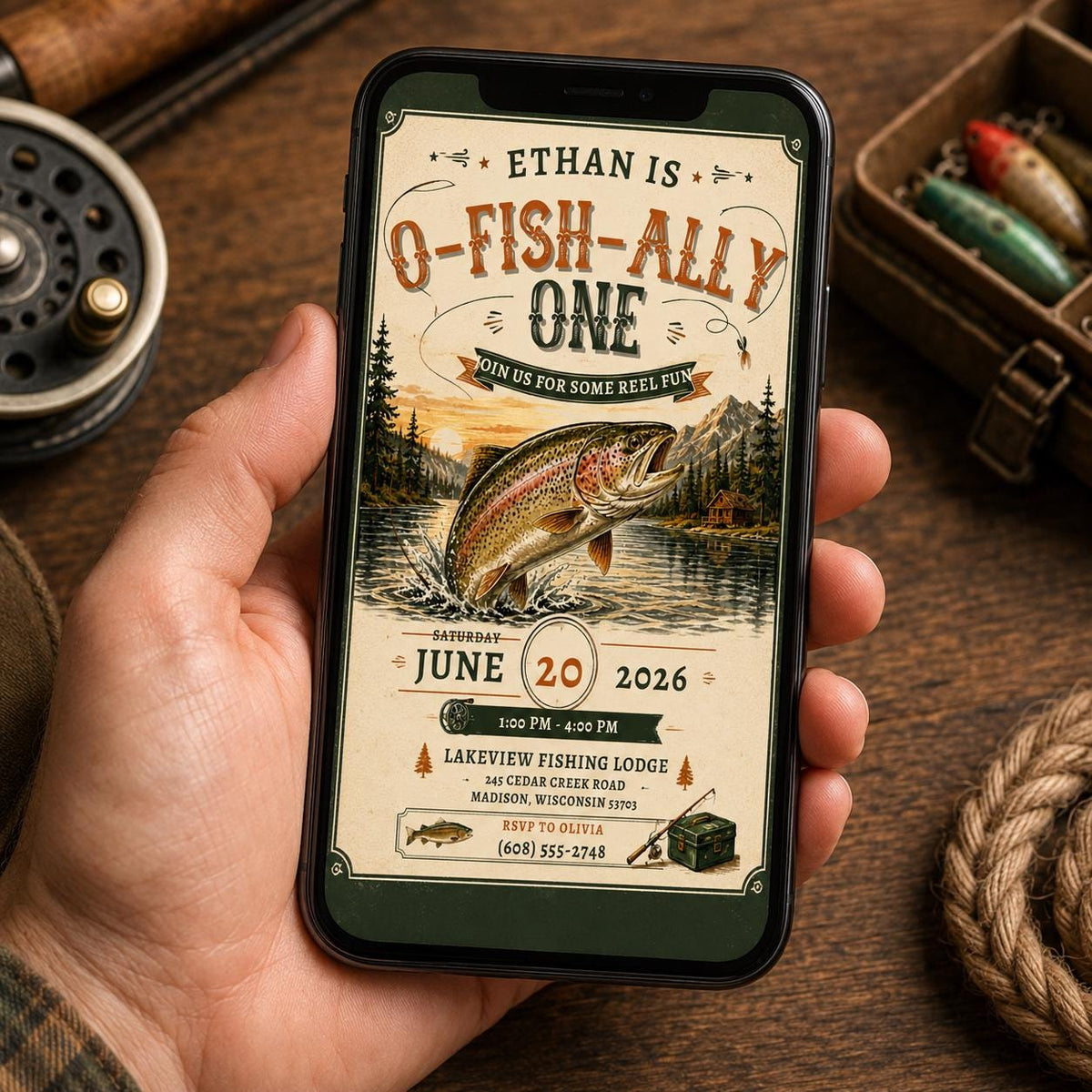 Editable Fishing First Birthday Invitation Canva Template, Ofishally One Reeling In One Outdoor Boy Party Invite, Printable Digital Download