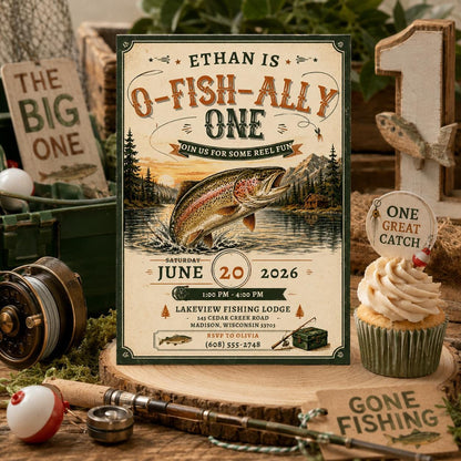Editable Fishing First Birthday Invitation Canva Template, Ofishally One Reeling In One Outdoor Boy Party Invite, Printable Digital Download