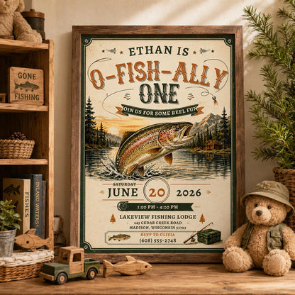 Editable Fishing First Birthday Invitation Canva Template, Ofishally One Reeling In One Outdoor Boy Party Invite, Printable Digital Download
