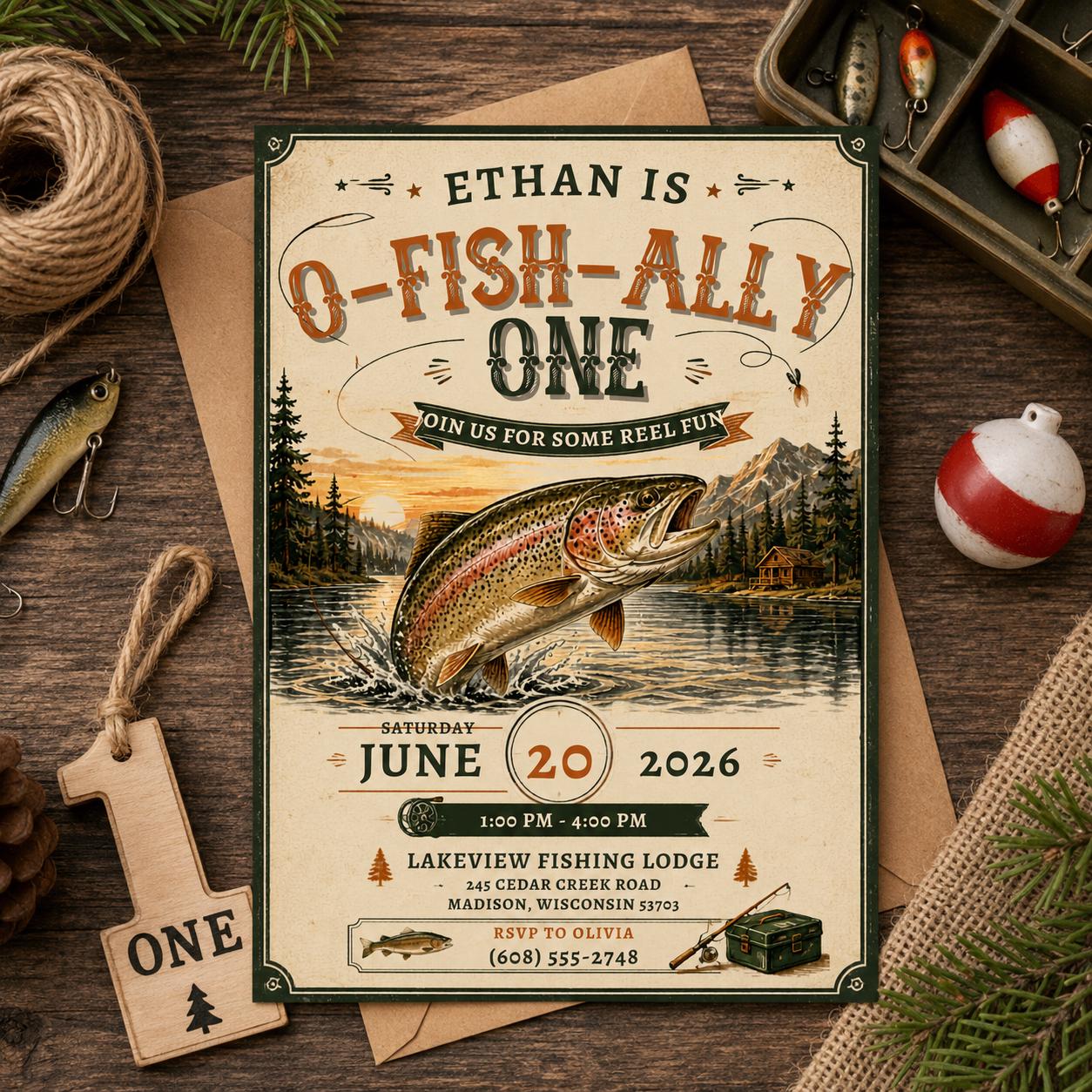 Editable Fishing First Birthday Invitation Canva Template, Ofishally One Reeling In One Outdoor Boy Party Invite, Printable Digital Download