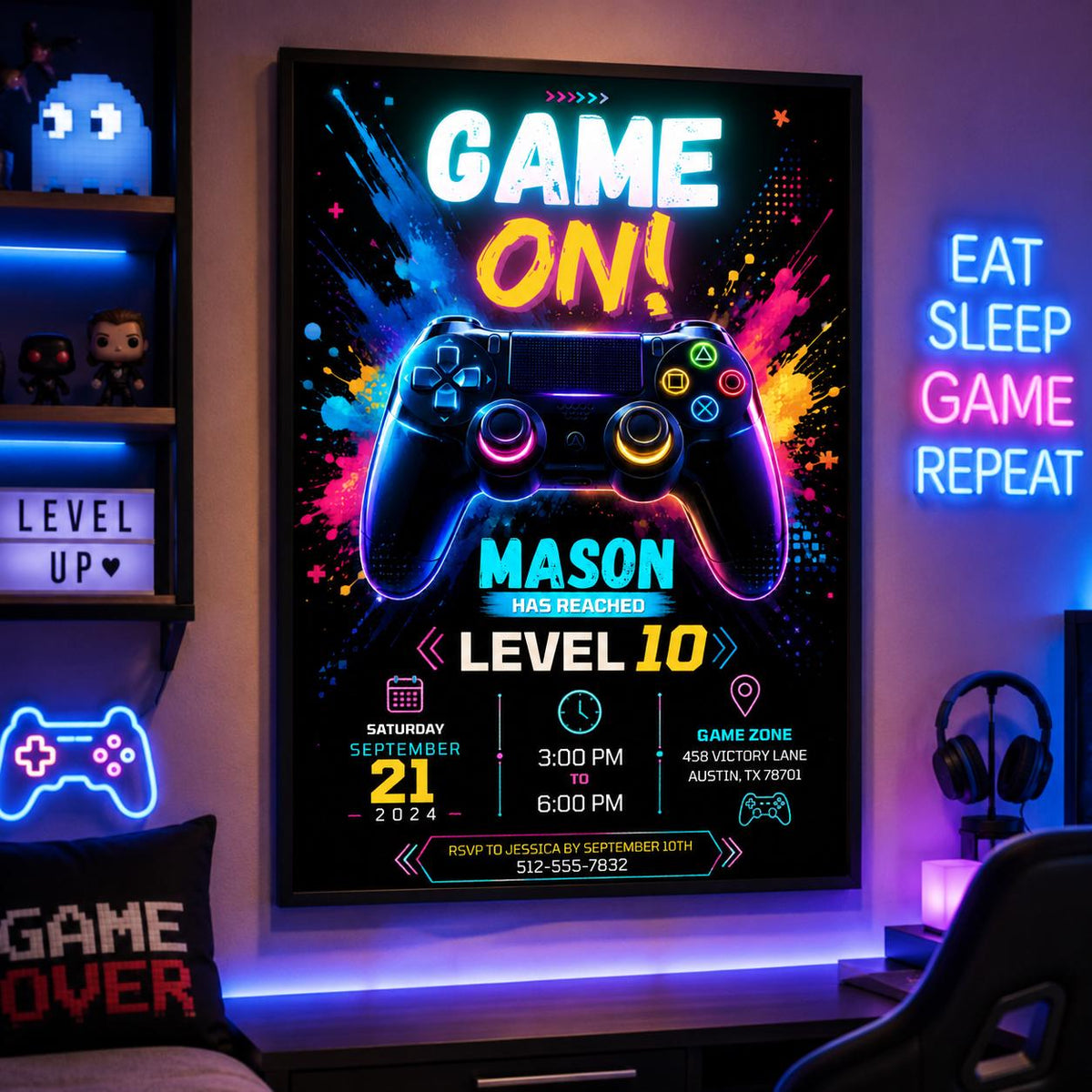 Editable Gamer Birthday Invitation Canva Template, Boys Kids Gamer Cute Modern Fun Themed DIY Chic Party Invite, Printable Digital Download.