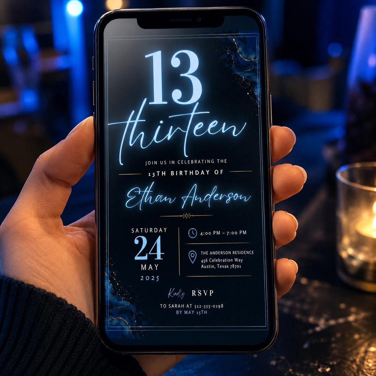 Editable Neon Glow Birthday Invitation Canva Template, Blue Boys Kids Teens Neon Cute Fun DIY Chic Party Invite, Printable Digital Download.