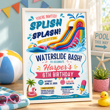 Editable Pool Birthday Invitation Canva Template, Girls Kids Pool Cute Modern Fun Themed DIY Sweet Party Invite, Printable Digital Download.