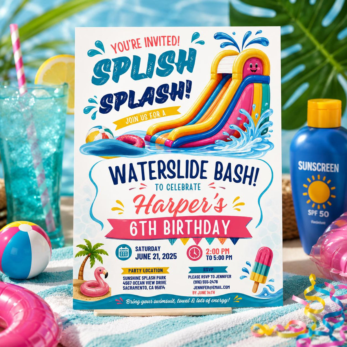 Editable Pool Birthday Invitation Canva Template, Girls Kids Pool Cute Modern Fun Themed DIY Sweet Party Invite, Printable Digital Download.