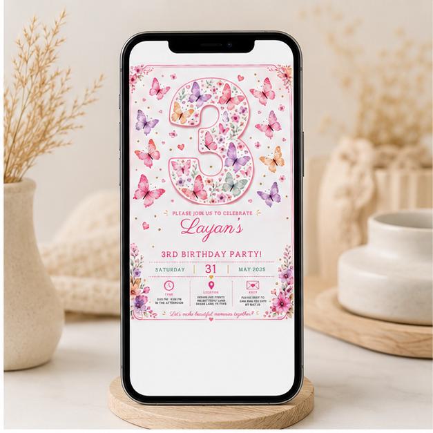 Editable Butterfly Birthday Invitation Canva Template, Pink Pastel Floral Girls Cute Fun DIY Sweet Party Invite, Printable Digital Download.