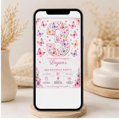 Editable Butterfly Birthday Invitation Canva Template, Pink Pastel Floral Girls Cute Fun DIY Sweet Party Invite, Printable Digital Download.