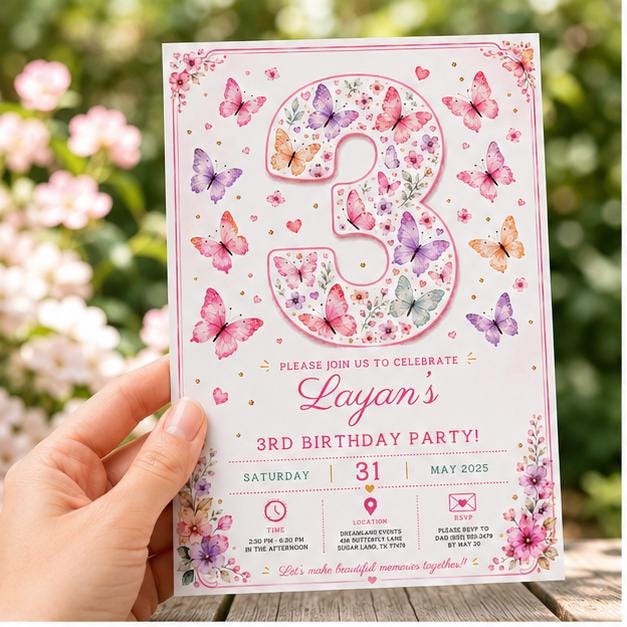 Editable Butterfly Birthday Invitation Canva Template, Pink Pastel Floral Girls Cute Fun DIY Sweet Party Invite, Printable Digital Download.
