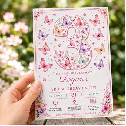Editable Butterfly Birthday Invitation Canva Template, Pink Pastel Floral Girls Cute Fun DIY Sweet Party Invite, Printable Digital Download.