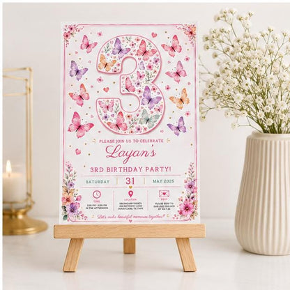Editable Butterfly Birthday Invitation Canva Template, Pink Pastel Floral Girls Cute Fun DIY Sweet Party Invite, Printable Digital Download.