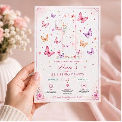 Editable Butterfly Birthday Invitation Canva Template, Pink Pastel Floral Kids Cute Modern Fun DIY Party Invite, Printable Digital Download.