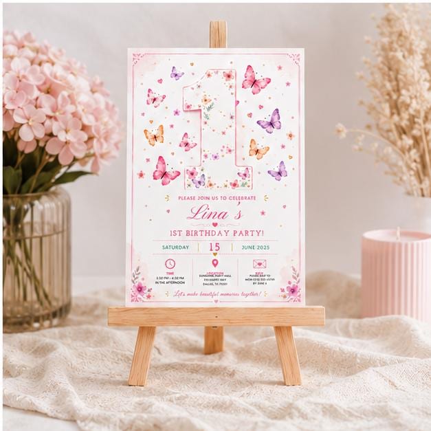Editable Butterfly Birthday Invitation Canva Template, Pink Pastel Floral Kids Cute Modern Fun DIY Party Invite, Printable Digital Download.