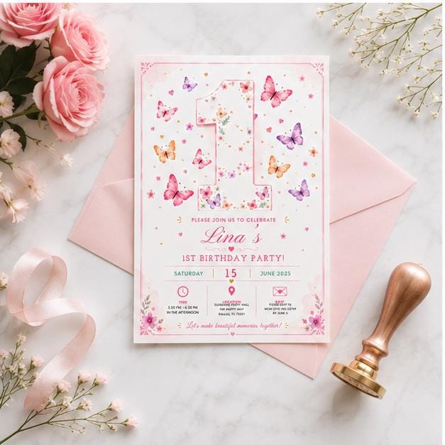 Editable Butterfly Birthday Invitation Canva Template, Pink Pastel Floral Kids Cute Modern Fun DIY Party Invite, Printable Digital Download.