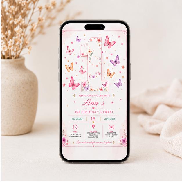 Editable Butterfly Birthday Invitation Canva Template, Pink Pastel Floral Kids Cute Modern Fun DIY Party Invite, Printable Digital Download.