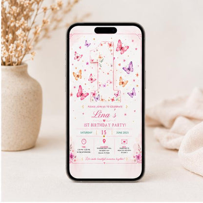 Editable Butterfly Birthday Invitation Canva Template, Pink Pastel Floral Kids Cute Modern Fun DIY Party Invite, Printable Digital Download.