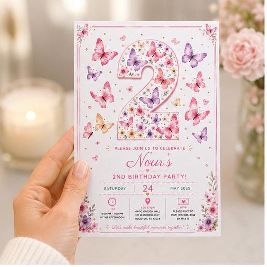 Editable Butterfly Birthday Invitation Canva Template, Pink Pastel Floral Kids Cute Modern Fun DIY Party Invite, Printable Digital Download.