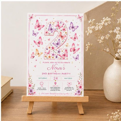 Editable Butterfly Birthday Invitation Canva Template, Pink Pastel Floral Kids Cute Modern Fun DIY Party Invite, Printable Digital Download.