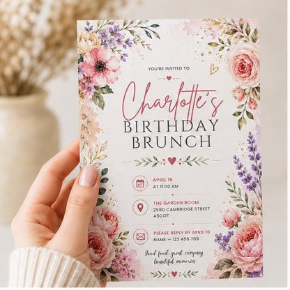 Editable Wildflower Birthday Invitation Canva Template, Pink Boho Floral Girls Cute Modern Fun DIY Party Invite, Printable Digital Download.