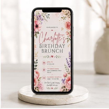 Editable Wildflower Birthday Invitation Canva Template, Pink Boho Floral Girls Cute Modern Fun DIY Party Invite, Printable Digital Download.